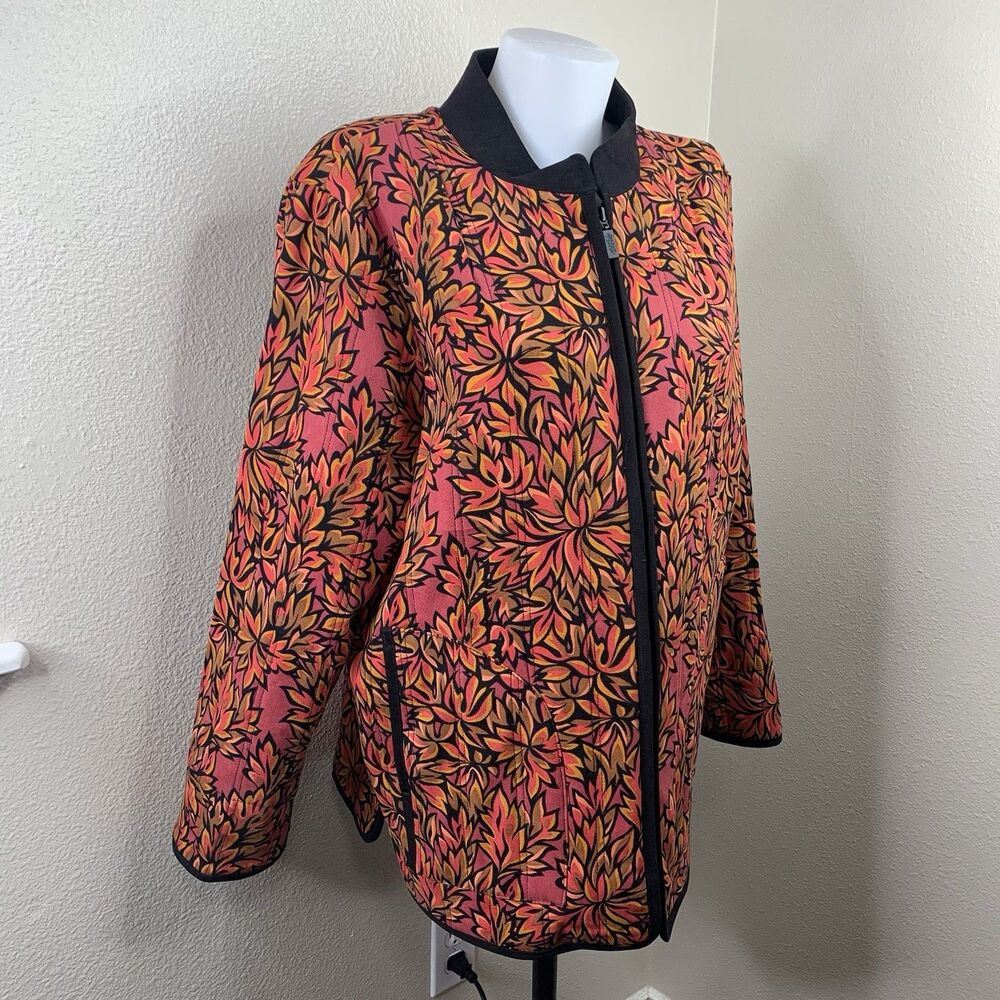 Bob Mackie Autumn Red Leaves Wearable Art Full Zip Jacket Sweater Women’s Sz L